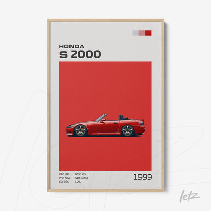 quadro emoldurado com ilustração do carro Honda S2000 em fundo vermelho, destacando especificações técnicas e ano de 1999