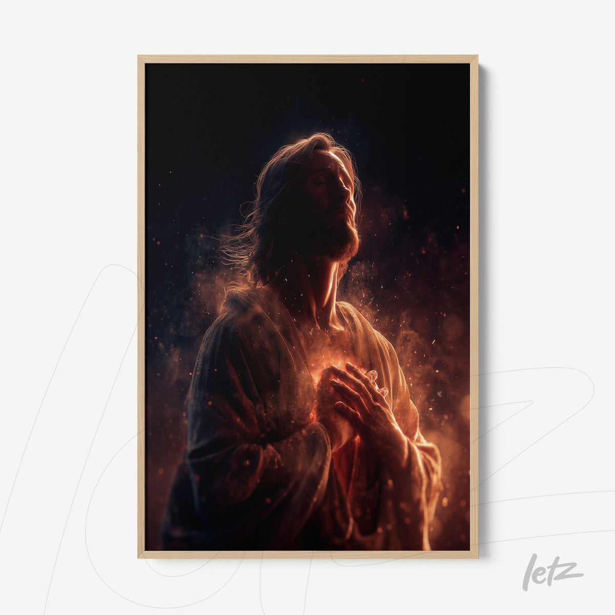 quadro com arte digital de figura de Jesus em pose contemplativa com luz dourada ao fundo e moldura clara