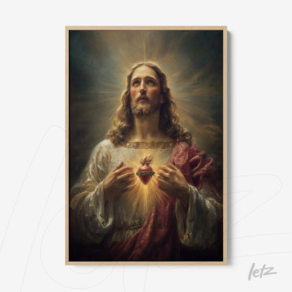 imagem de quadro emoldurado com a representação de Jesus Cristo, exibindo um coração iluminado e cercado por raios dourados, com fundo dramático e moldura de madeira clara