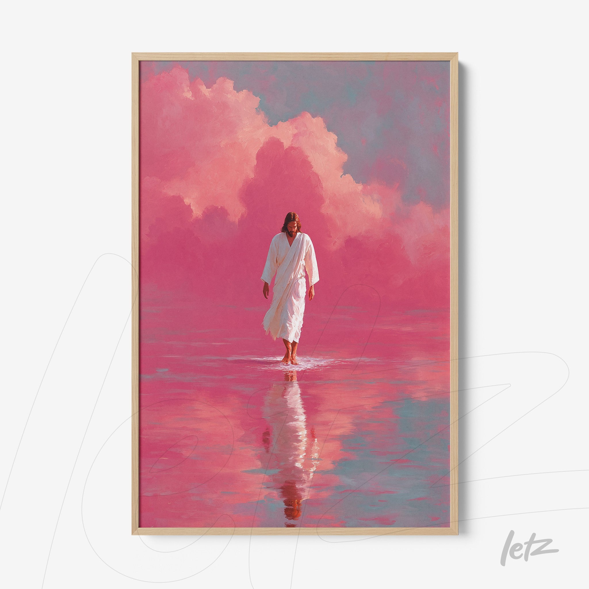 quadro com imagem de figura religiosa caminhando sobre água em fundo rosa e nuvens avermelhadas, em moldura clara de madeira
