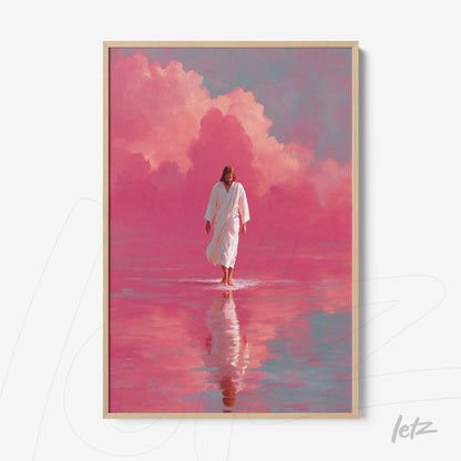quadro com imagem de figura religiosa caminhando sobre água em fundo rosa e nuvens avermelhadas, em moldura clara de madeira