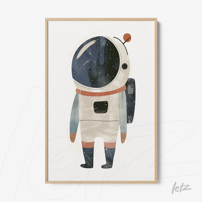 quadro com ilustração de astronauta colorido em moldura clara de madeira