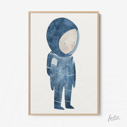 quadro com ilustração de um astronauta em tons de azul, com moldura de madeira clara