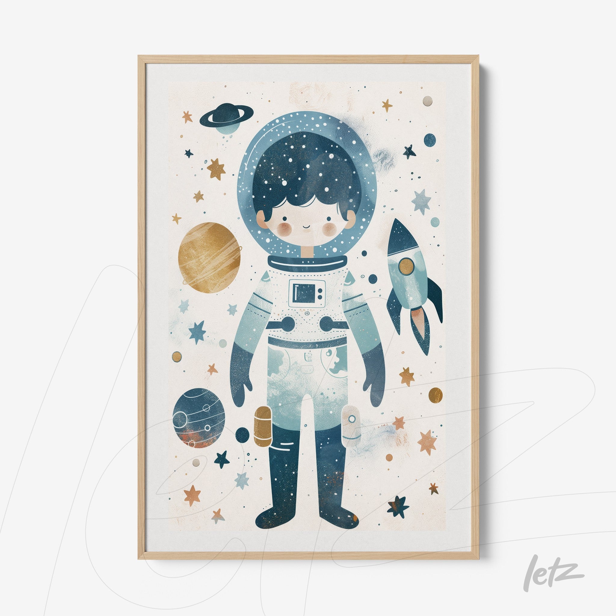 quadro com ilustração infantil de astronauta rodeado por planetas e estrelas em moldura clara