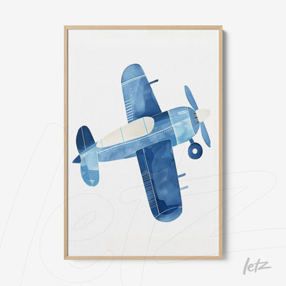 quadro com arte de avião em tons de azul com moldura clara