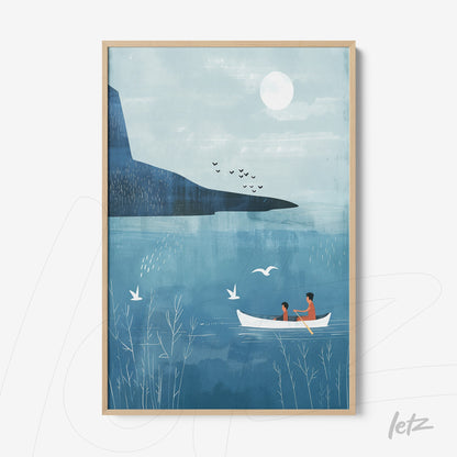 quadro com ilustração serena de pessoas em barco no lago ao pôr do sol, moldura de madeira clara