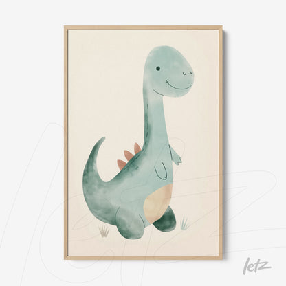 quadro com ilustração de dinossauro amistoso em tons de verde, moldura clara em madeira