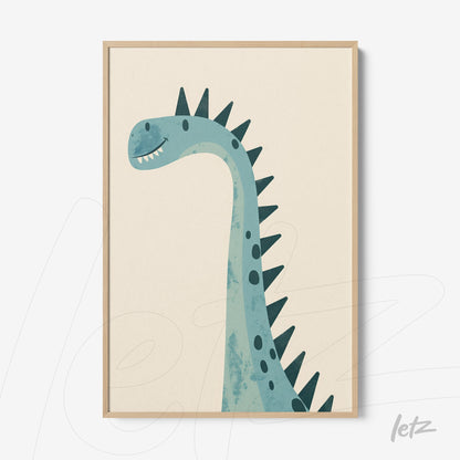 quadro com ilustração de dinossauro em tons de azul e verde com moldura de madeira clara