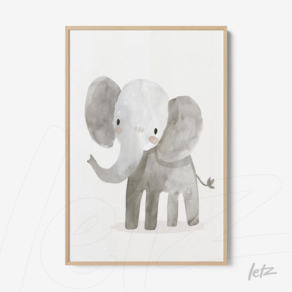 quadro em moldura clara com ilustração de elefante em aquarela, apresentando tons de cinza e branco
