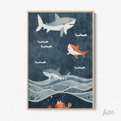 quadro com ilustração de tubarões e um caranguejo em fundo azul-marinho com ondas