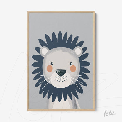 quadro com ilustração de leão com longas linhas de cabelo escuro em fundo cinza e moldura de madeira