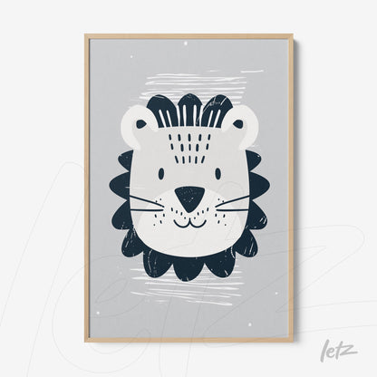 quadro com ilustração de leão estilizado em fundo cinza, moldura de madeira clara