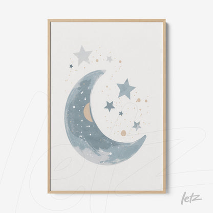 quadro com arte de lua e estrelas em tons de azul e dourado em moldura clara