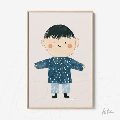 quadro com ilustração infantil de menino sorridente vestido com casaco azul e calças claras em moldura clara