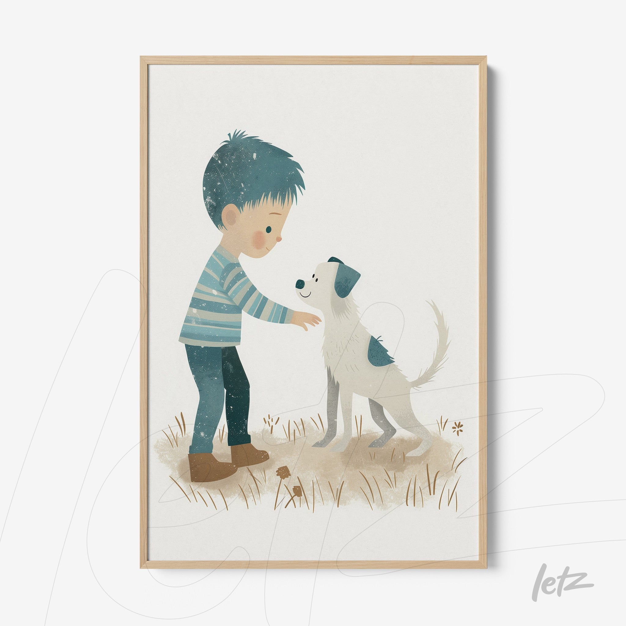 quadro com ilustração infantil de menino acariciando cachorro em moldura de madeira clara
