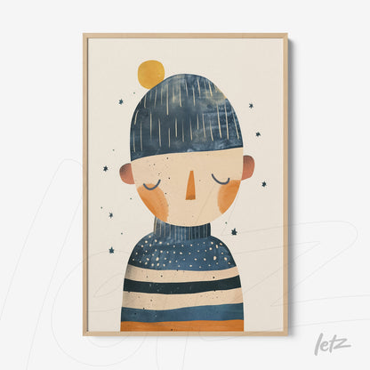 quadro com arte moderna de figura humana em roupas listradas, com fundo claro e estrelas ao redor