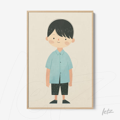 quadro com ilustração infantil de menino com camisa azul e calças pretas, em moldura de madeira clara