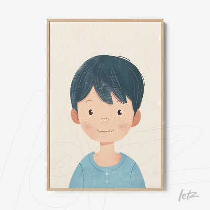 quadro com ilustração de um menino sorridente com cabelo preto e camisa azul, moldura clara