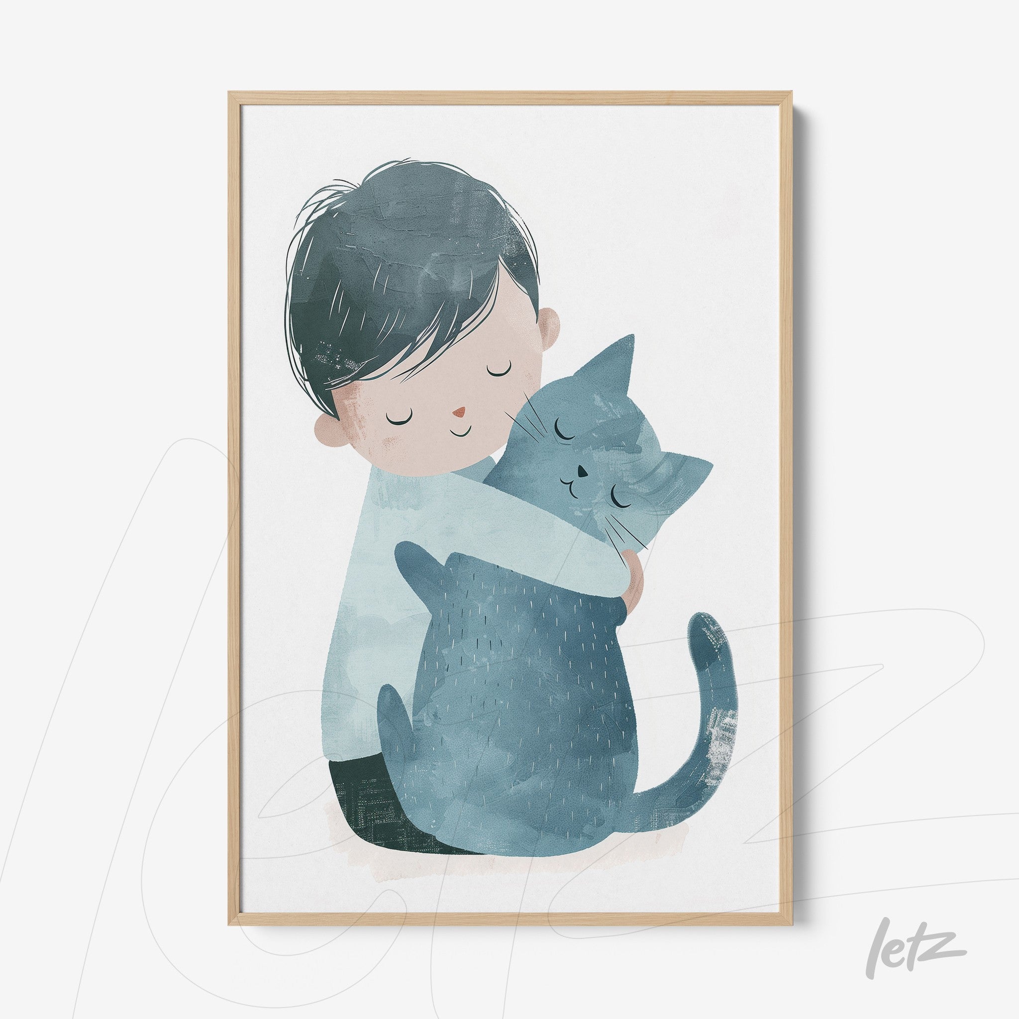 quadro com ilustração de menino abraçando um gato azul em moldura clara