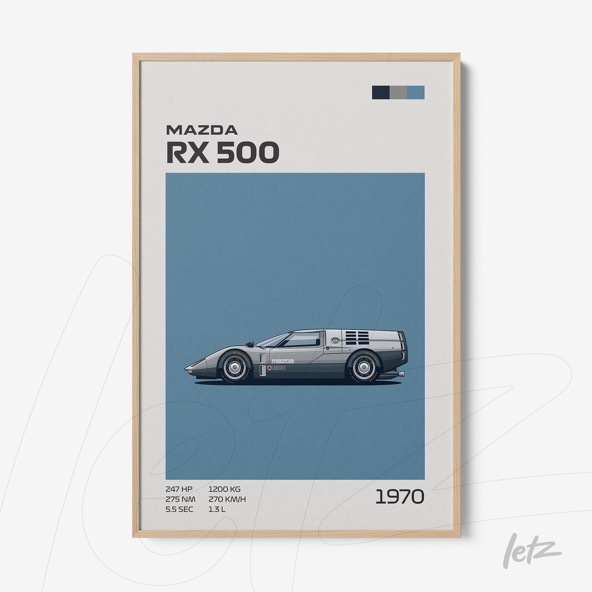 quadro com arte minimalista do carro Mazda RX 500 em moldura de madeira clara