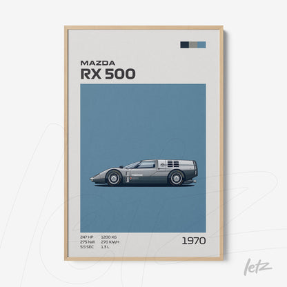 quadro com arte minimalista do carro Mazda RX 500 em moldura de madeira clara