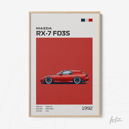 quadro com ilustração minimalista do carro Mazda RX-7 FD3S em fundo vermelho e moldura clara