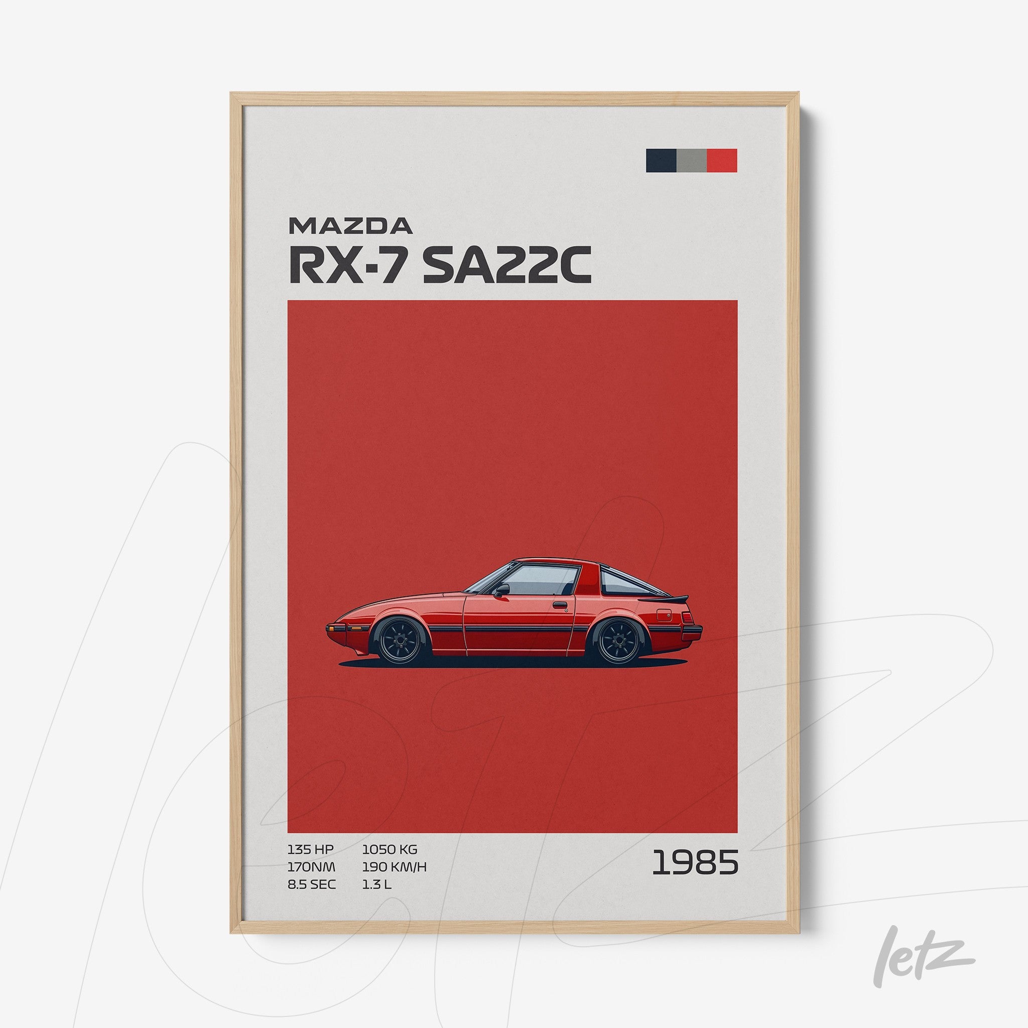 quadro com ilustração do carro Mazda RX-7 SA22C em fundo vermelho e moldura de madeira clara