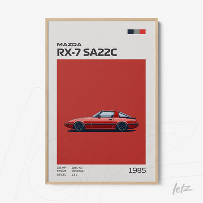 quadro com ilustração do carro Mazda RX-7 SA22C em fundo vermelho e moldura de madeira clara