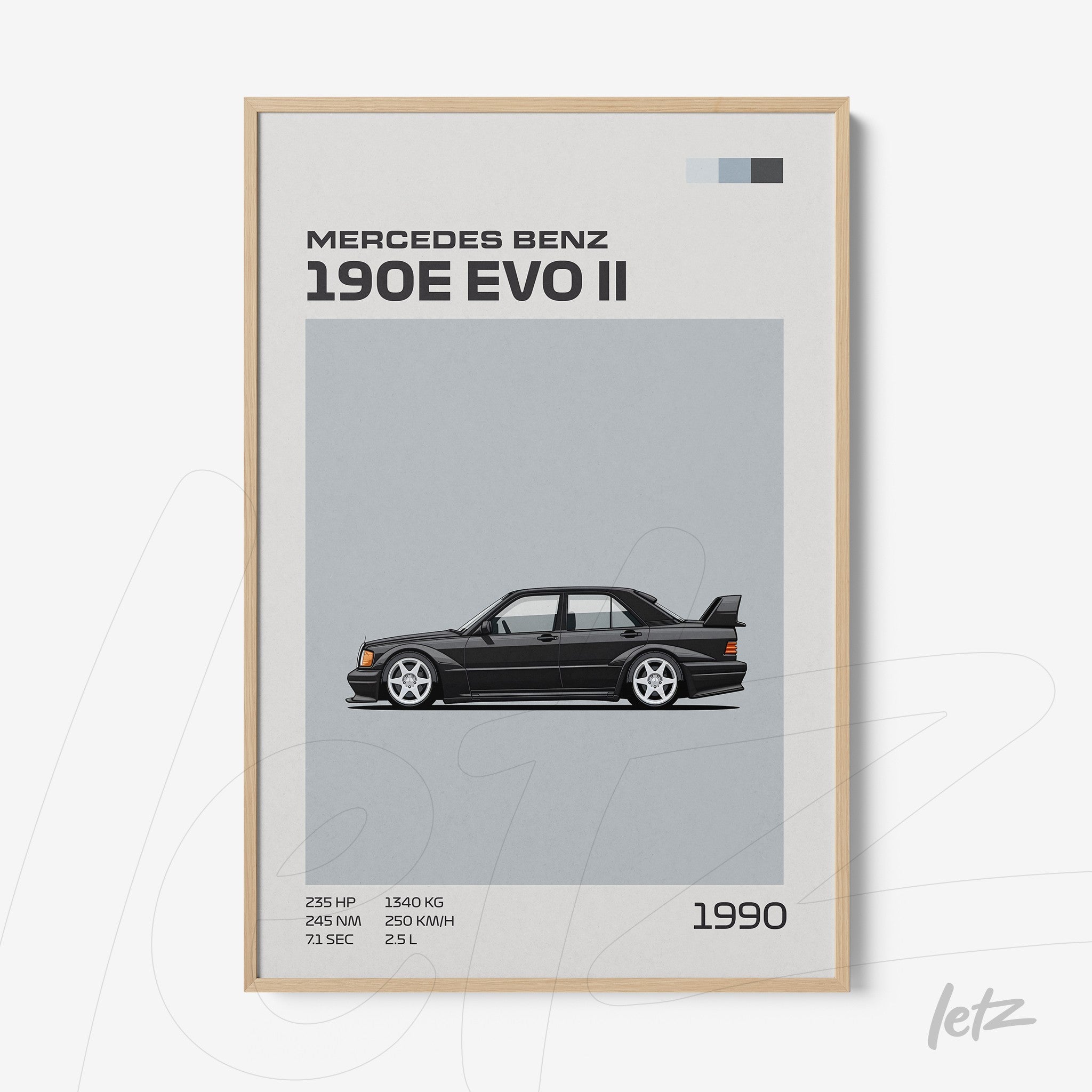 quadro com ilustração do Mercedes Benz 190E EVO II em moldura de madeira clara