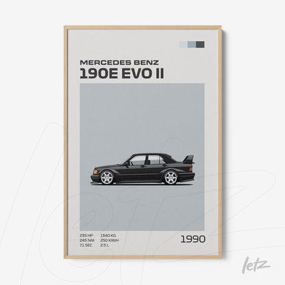 quadro com ilustração do Mercedes Benz 190E EVO II em moldura de madeira clara