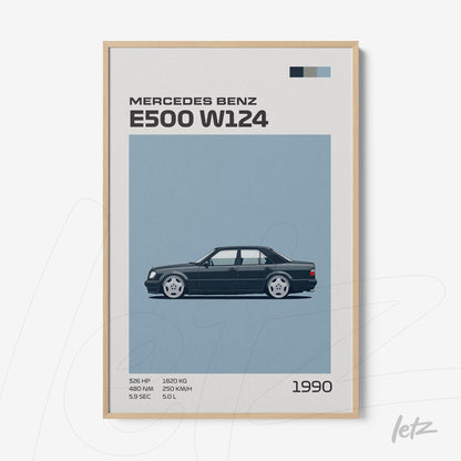 quadro com arte gráfica do Mercedes Benz E500 W124 de 1990 em moldura de madeira clara