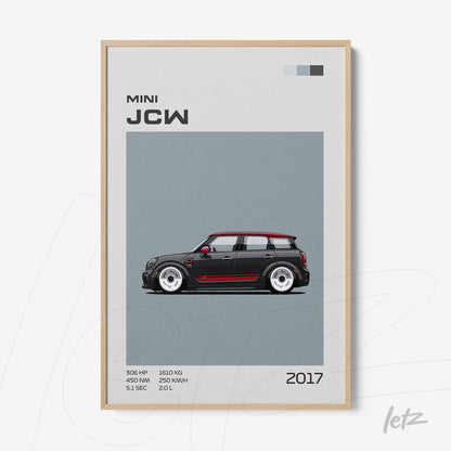 quadro com arte digital de um carro Mini John Cooper Works 2017 em moldura de madeira clara