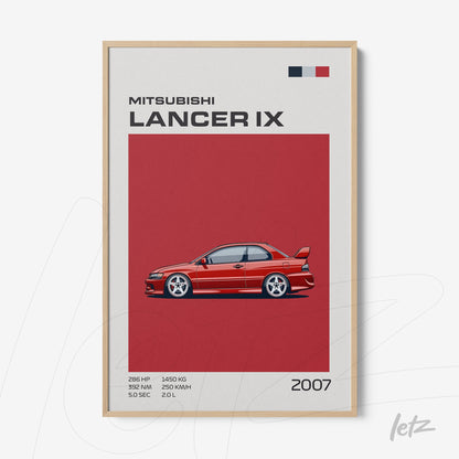 quadro com arte digital do carro Mitsubishi Lancer IX com fundo vermelho e moldura clara