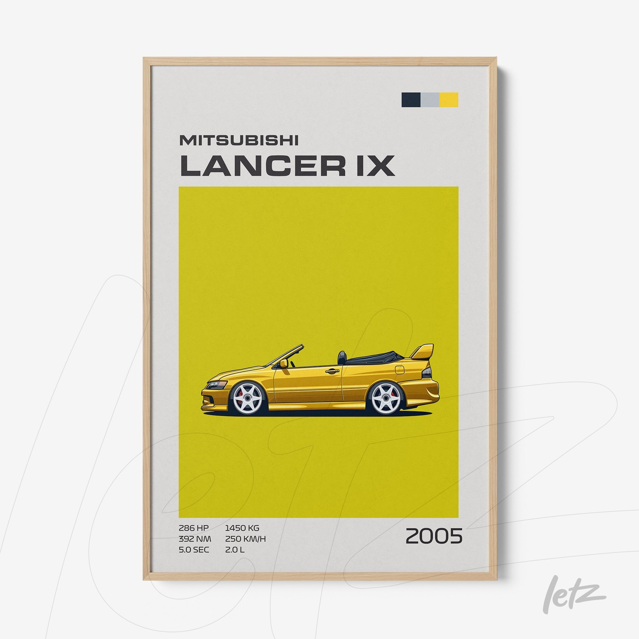 quadro com arte minimalista do carro Mitsubishi Lancer IX em moldura de madeira clara, fundo amarelo vibrante