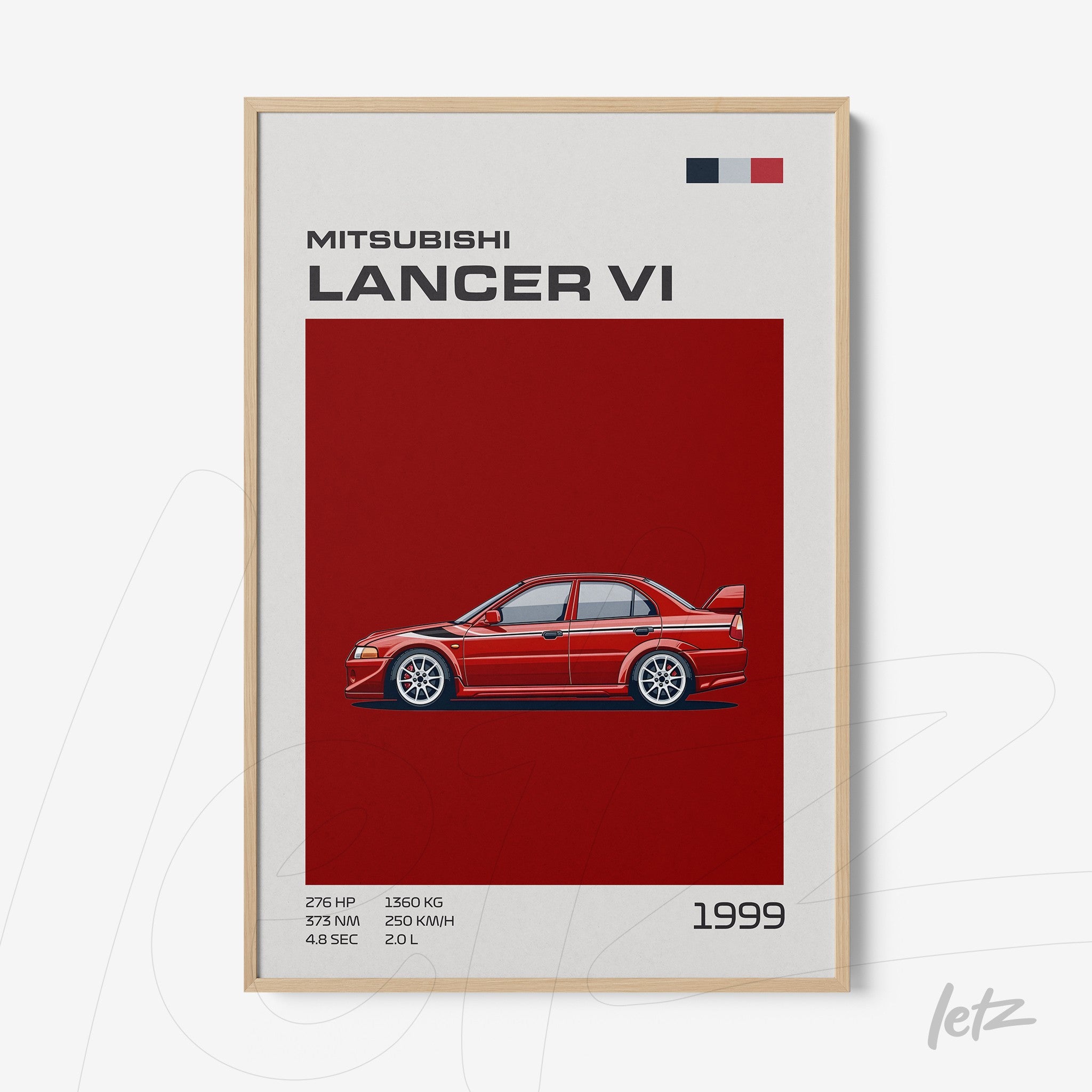 quadro com ilustração do carro Mitsubishi Lancer VI em fundo vermelho e moldura clara
