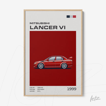 quadro com ilustração do carro Mitsubishi Lancer VI em fundo vermelho e moldura clara