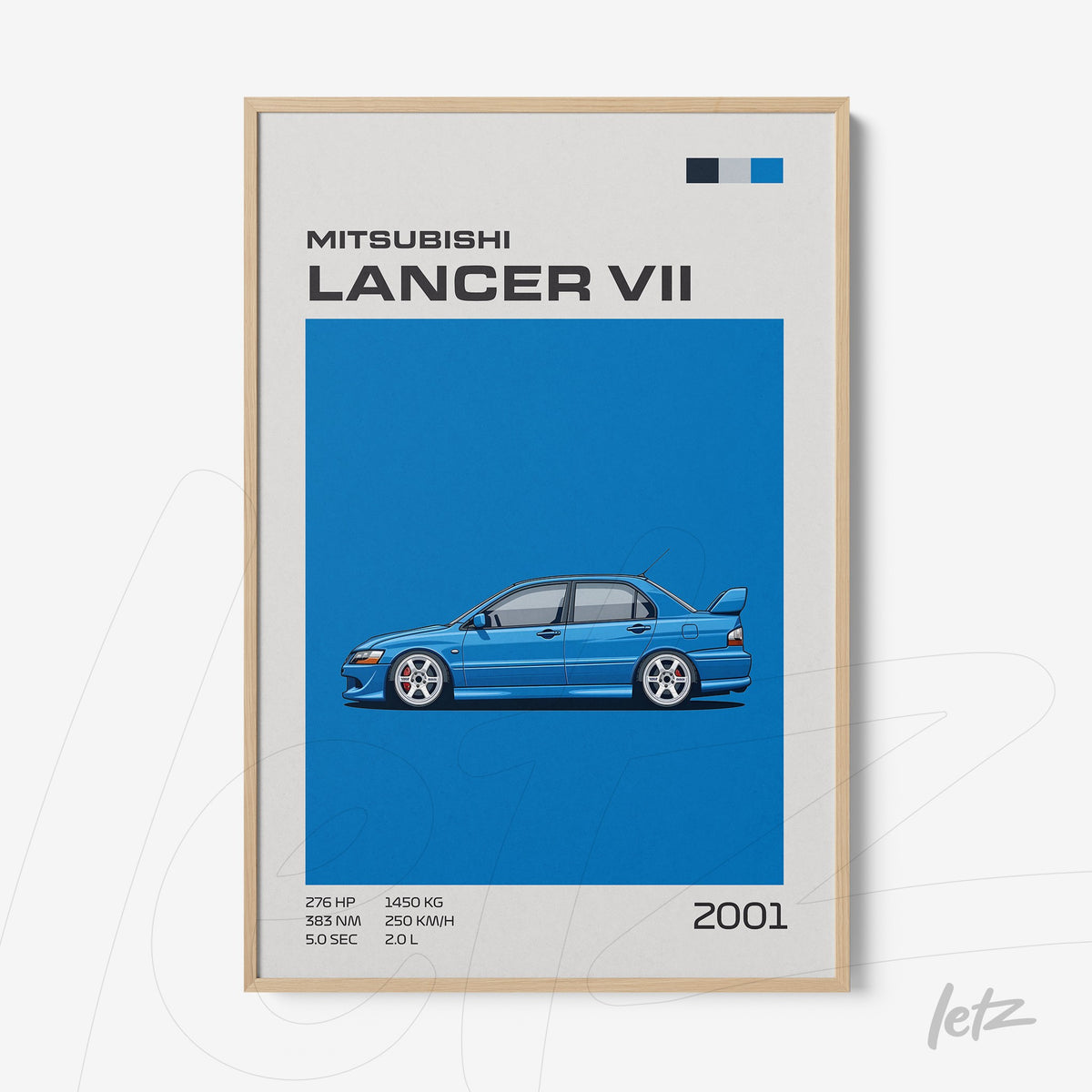 quadro com ilustração do Mitsubishi Lancer VII de 2001 em fundo azul vibrante e moldura de madeira clara