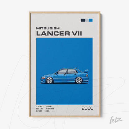 quadro com ilustração do Mitsubishi Lancer VII de 2001 em fundo azul vibrante e moldura de madeira clara