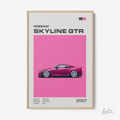 quadro com arte digital do carro Nissan Skyline GTR em fundo rosa, moldura de madeira clara