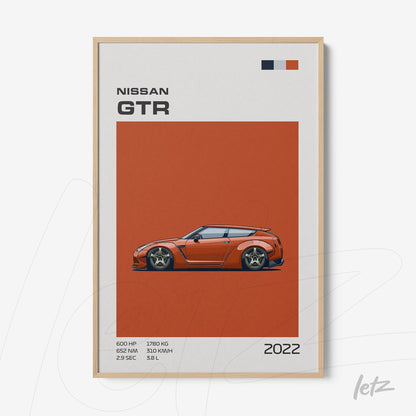 quadro com arte digital do carro Nissan GTR em moldura de madeira clara com fundo laranja