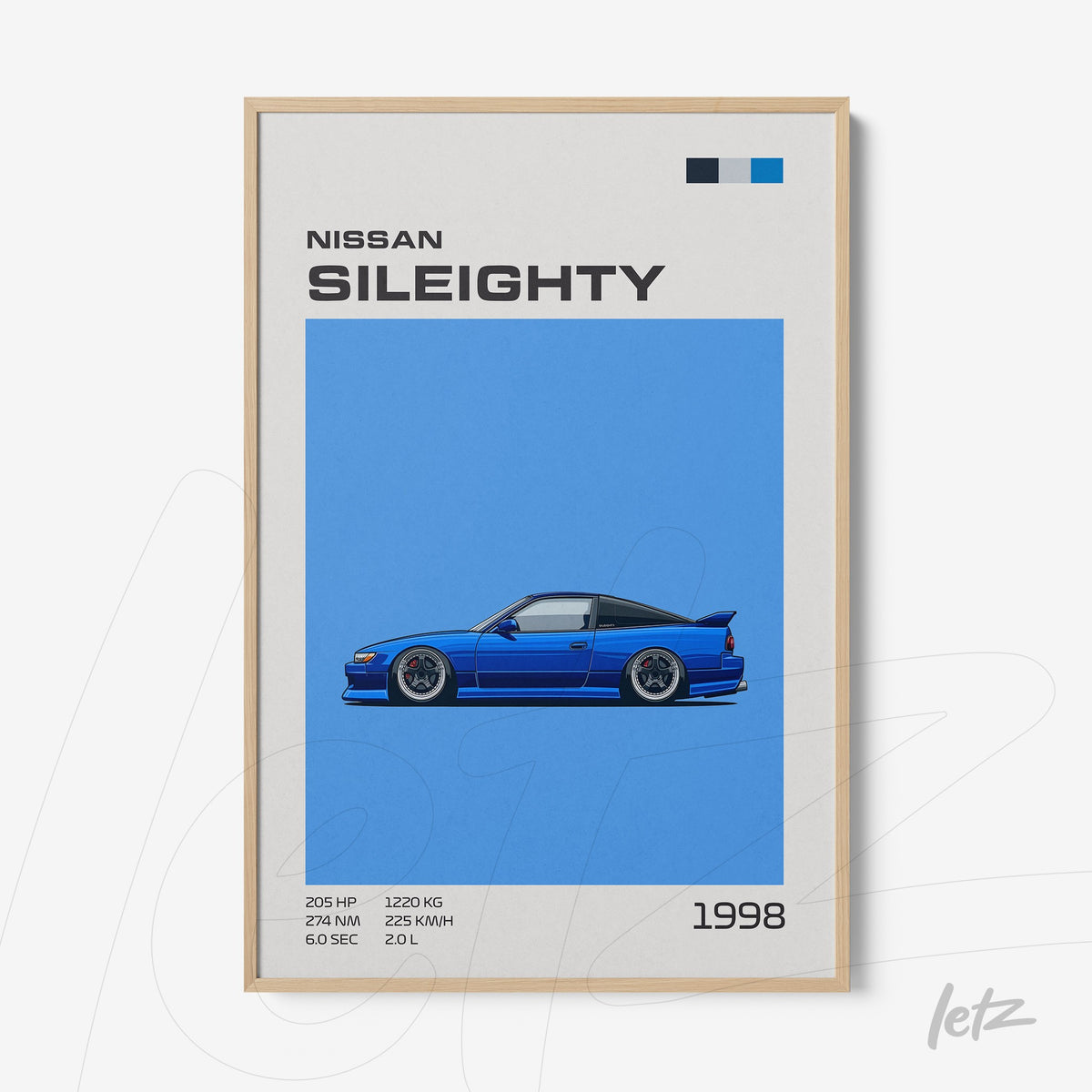 quadro com ilustração do carro Nissan Sil80 em fundo azul vibrante e moldura clara