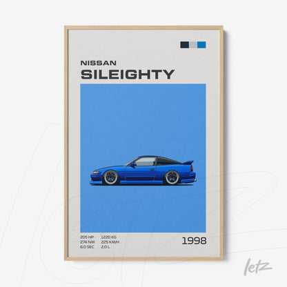 quadro com ilustração do carro Nissan Sil80 em fundo azul vibrante e moldura clara