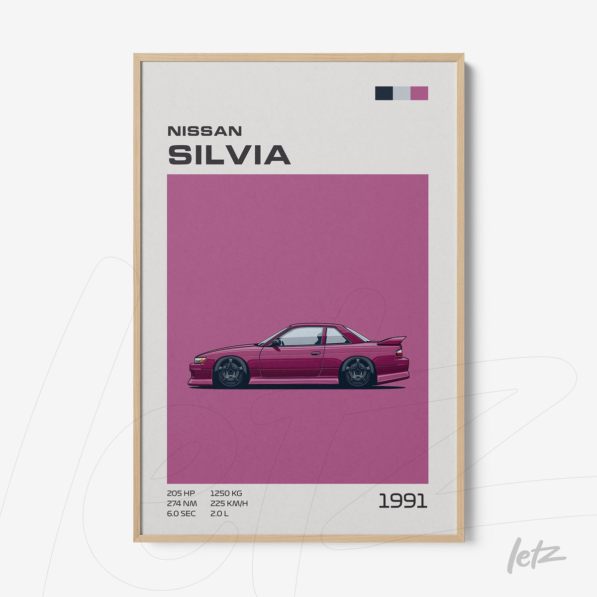 quadro com arte digital de carro Nissan Silvia 1991 em fundo rosa com moldura de madeira clara