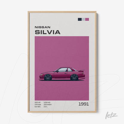 quadro com arte digital de carro Nissan Silvia 1991 em fundo rosa com moldura de madeira clara