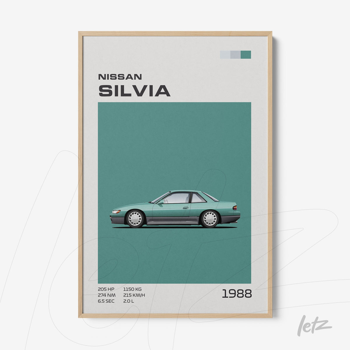 quadro com ilustração vintage de carro Nissan Silvia de 1988 em moldura de madeira clara