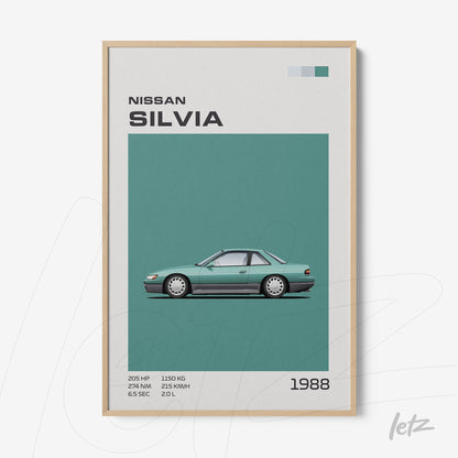 quadro com ilustração vintage de carro Nissan Silvia de 1988 em moldura de madeira clara