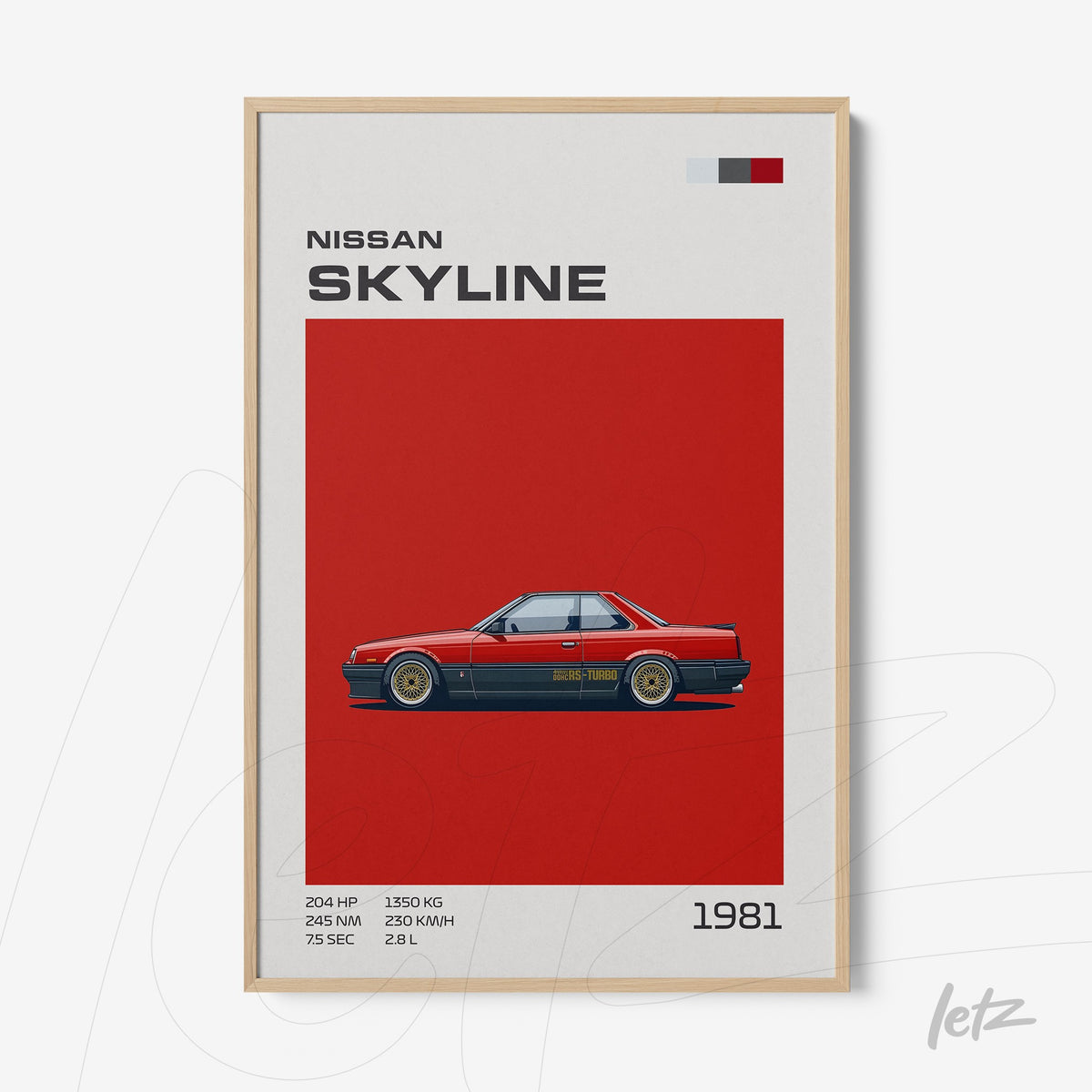 quadro com ilustração do carro Nissan Skyline 1981 em fundo vermelho com moldura de madeira clara