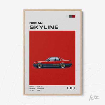 quadro com ilustração do carro Nissan Skyline 1981 em fundo vermelho com moldura de madeira clara