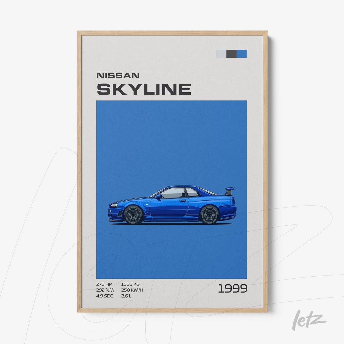 quadro com ilustração minimalista do carro Nissan Skyline 1999 em fundo azul e moldura clara