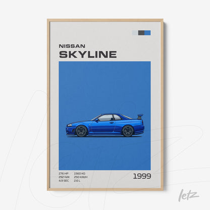 quadro com ilustração minimalista do carro Nissan Skyline 1999 em fundo azul e moldura clara